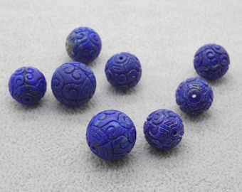 Lapis Lazuli Carved Beads, Natural Gemstone Beads, Round Stone Beads 10mm 12mm 14mm 1 PC