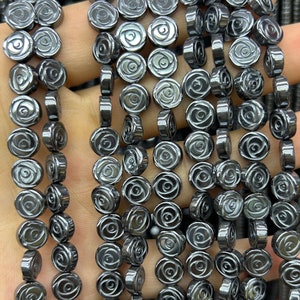 ヘマタイトローズ彫刻ビーズ、天然宝石ビーズ、平らな丸い石ビーズ、フラワービーズ 6 mm 8 mm 10 mm 12 mm