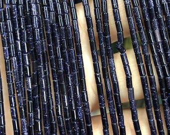 Cuentas tubulares de arenisca azul, cuentas de piedras preciosas de 2 x 4 mm, hebra de 15''
