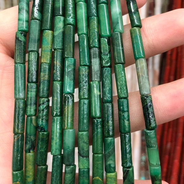 4 x 13 mm Perles tube en jade africain, Perles de pierres précieuses naturelles, Perles de pierre verte, Perles intercalaires 15 pouces