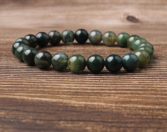 Moss Agate Bracelet, Natural Stone Beads Bracelet For Men Women 4mm 6mm 8mm 10mm 12mm 8''