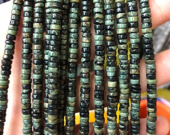 Green Kambaba Jasper Heishi Beads, 2x4mm Gemstone Rondelle Strand