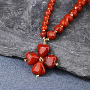 Women Necklace, Stone Necklace, Red Jasper Heart Pendant Necklace, Gold Wrap Pearl Necklace 29&#39;&#39;