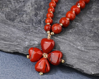 Women Necklace, Stone Necklace, Red Jasper Heart Pendant Necklace, Gold Wrap Pearl Necklace 29''