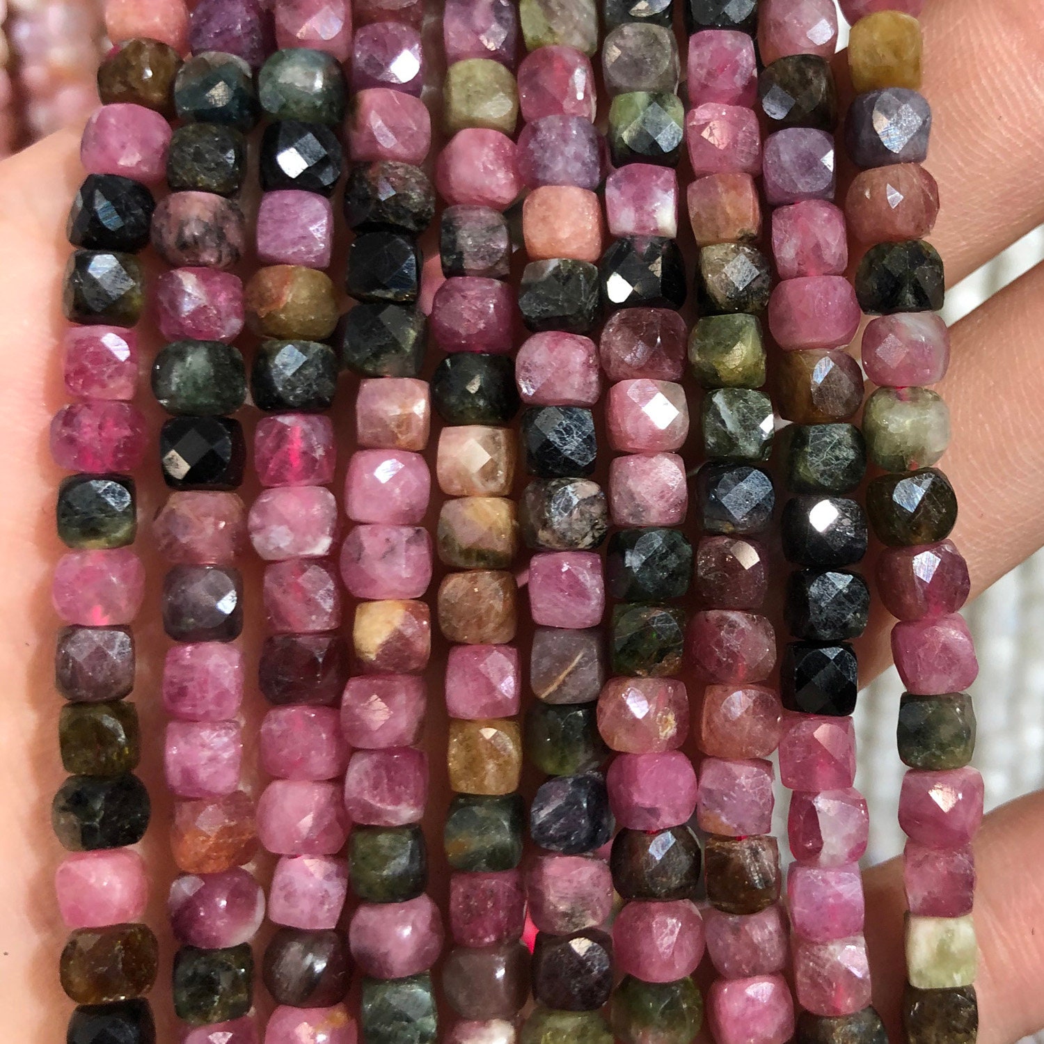 Rainbow Tourmaline Faceted Beads Natural Gemstone Beads Cube Etsy