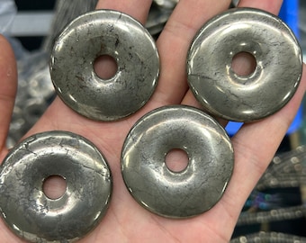 Pendentif Perle Donut En Pierre Pyrite – Rond 40 Mm, Aspect Métallique, Fait Main, Neuf