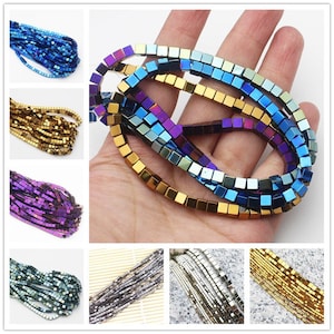Hematite Cube Beads, Gold, Silver, Blue Plated Hematite Beads, Natural Stone Beads 2mm 3mm 4mm 6mm 15&#39;&#39;