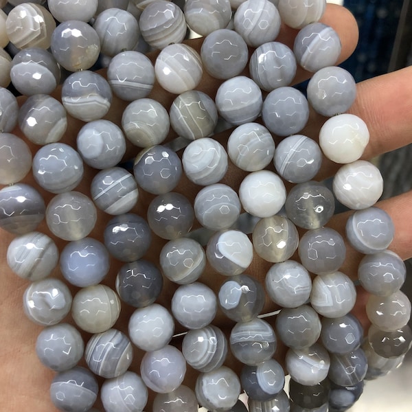 Gray Agate Faceted Beads, Natural Gemstone Beads, Round Stone Beads 6mm 8mm 10mm 12mm