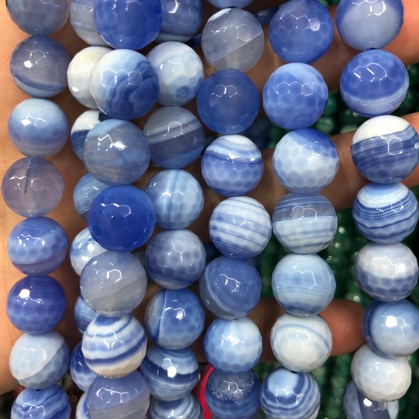 Blue Striped Agate Beads, Natural Gemstone Beads, Round Stone Beads, Faceted Beads 6mm 8mm 10mm 12mm