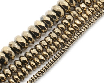 Light Gold Hematite Rondelle Faceted Beads, Natural Gemstone Beads Stone Beads, 3mm 4mm 6mm 8mm 10mm 15''