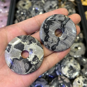 50mm Black Leaf Jasper Donut Pendant, Natural Gemstone Beads, Stone Beads, 1pc