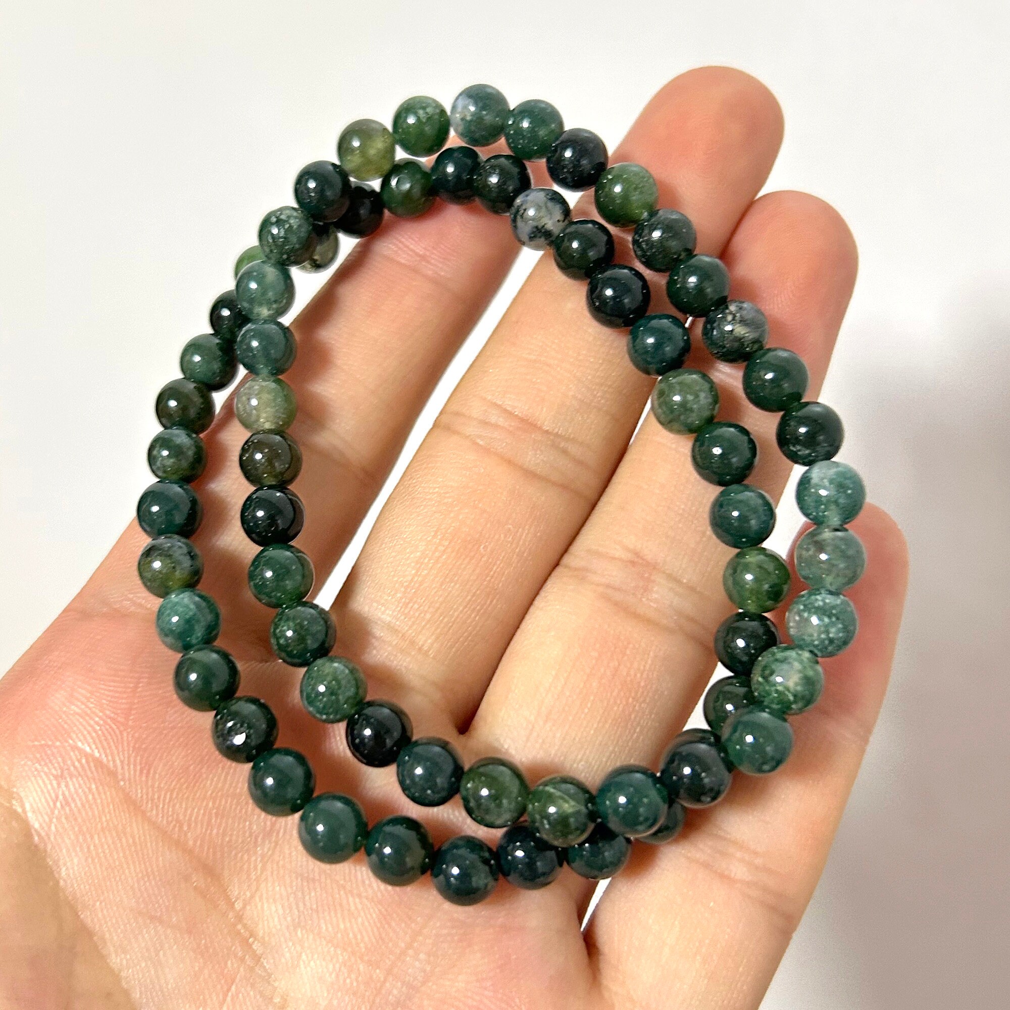 Bracelet Perles En Agate Mousse Naturelle - Pierre Verte, Sur Mesure (élastique) - Fait Main En France
