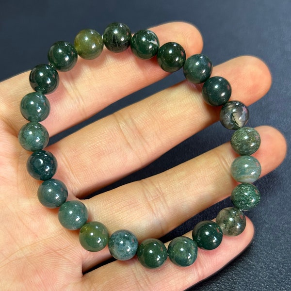 Moss Agate Bracelet For Men Women, Natural Stone Beads Bracelet Gift 8mm 10mm 8''