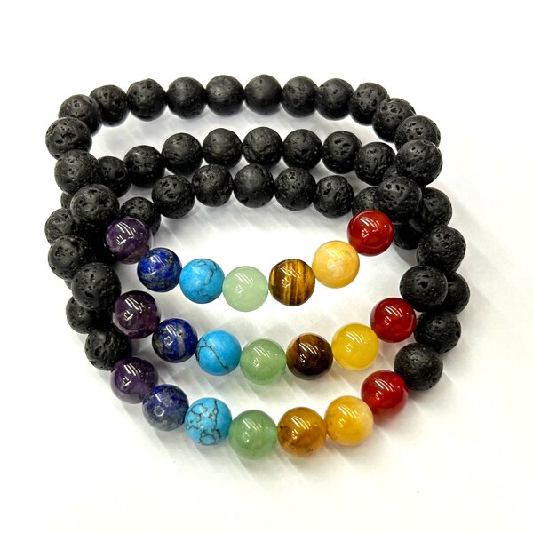 Women Bracelet, Men Bracelet, Lava Chakra Stone Beads Bracelet 8mm 8''