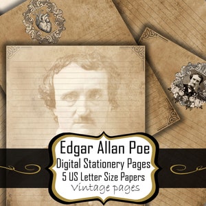 Edgar Allan Poe Papers, Stationery paper, Writing Paper, Letter paper, gothic printable papers, digital Vintage Scrapbooking, junk journals