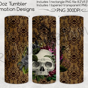 Sublimación de vaso flaco de calavera gótica, 20 oz, Steampunk Floral Skull Goth PNG para archivo de sublimación de vaso recto y cónico de 20 oz