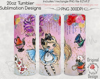 Alice in Wonderland Skinny Tumbler Sublimation Design, 20oz - Pink Wonderland Alice PNG, for Straight 20oz Tumbler Sublimation File