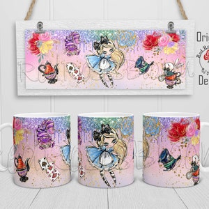 Alice in Wonderland 11oz Mug Sublimation Design, Pink Wonderland Alice PNG, for Straight 11oz Mugs Sublimation File, Full Wrap for Alice Cup