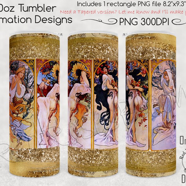 Mucha Skinny Tumbler Sublimation 20oz, Mucha Four Seasons PNG for Straight 20oz Tumbler, Art Nouveau or Jugendstil Sublimation File