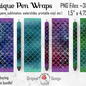 May include: Four digital pen wrap designs featuring a mermaid scale pattern in shades of purple, teal, green, and pink with glitter accents. The designs are 1.5 inches by 4.75 inches and are available as PNG files at 300 DPI.