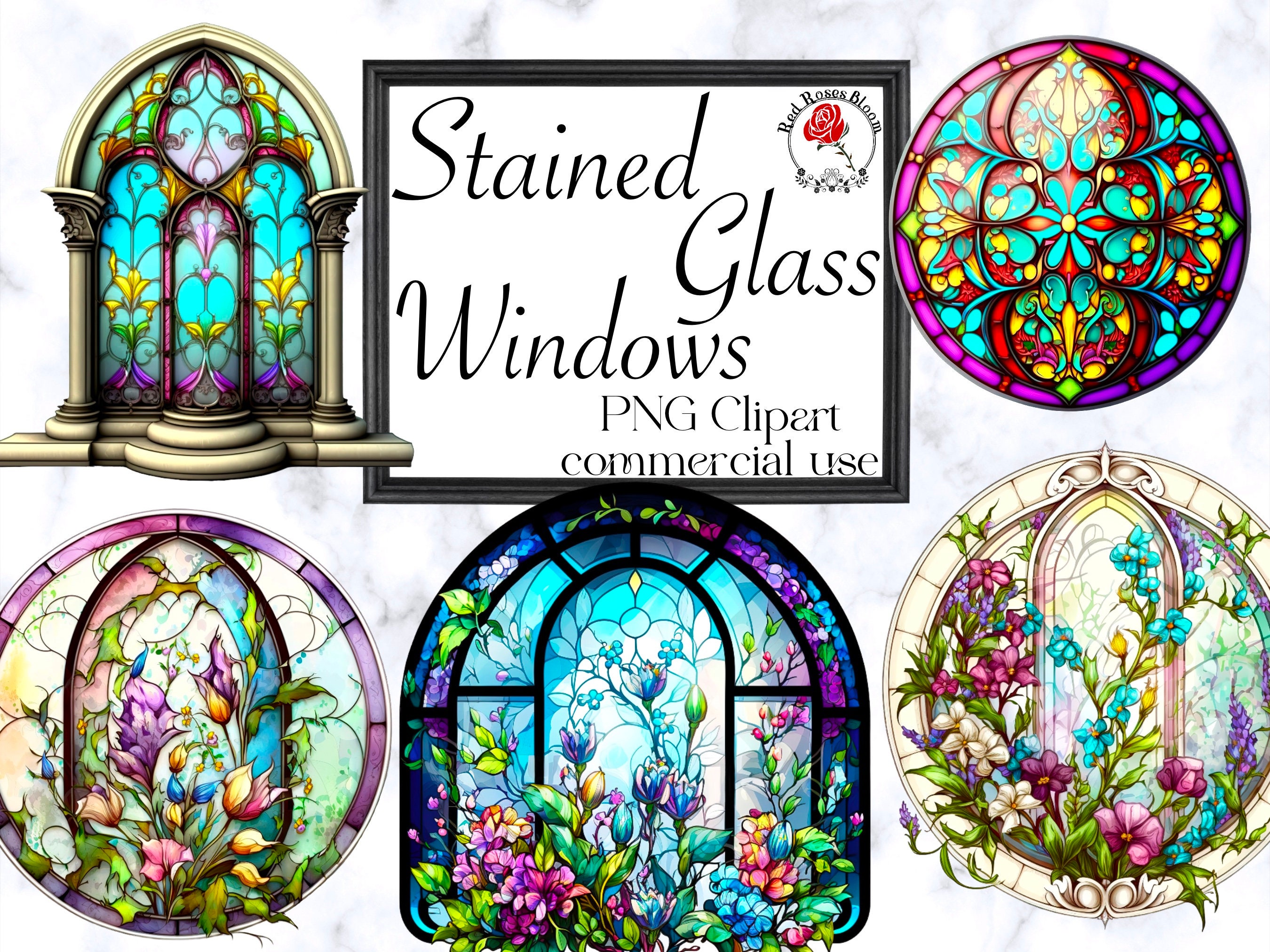 Stained Glass Window Clipart, Fantasy Windows Clipart, Round and Floral