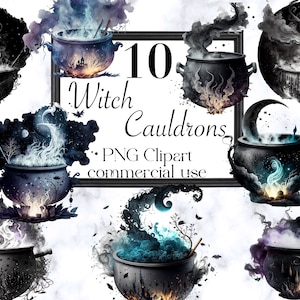 May include: Ten black and white witch cauldrons with smoke and flames. The cauldrons are filled with a variety of potions and ingredients. The text "10 Witch Cauldrons" is written in black and white. The text "PNG Clipart commercial use" is written in black and white.