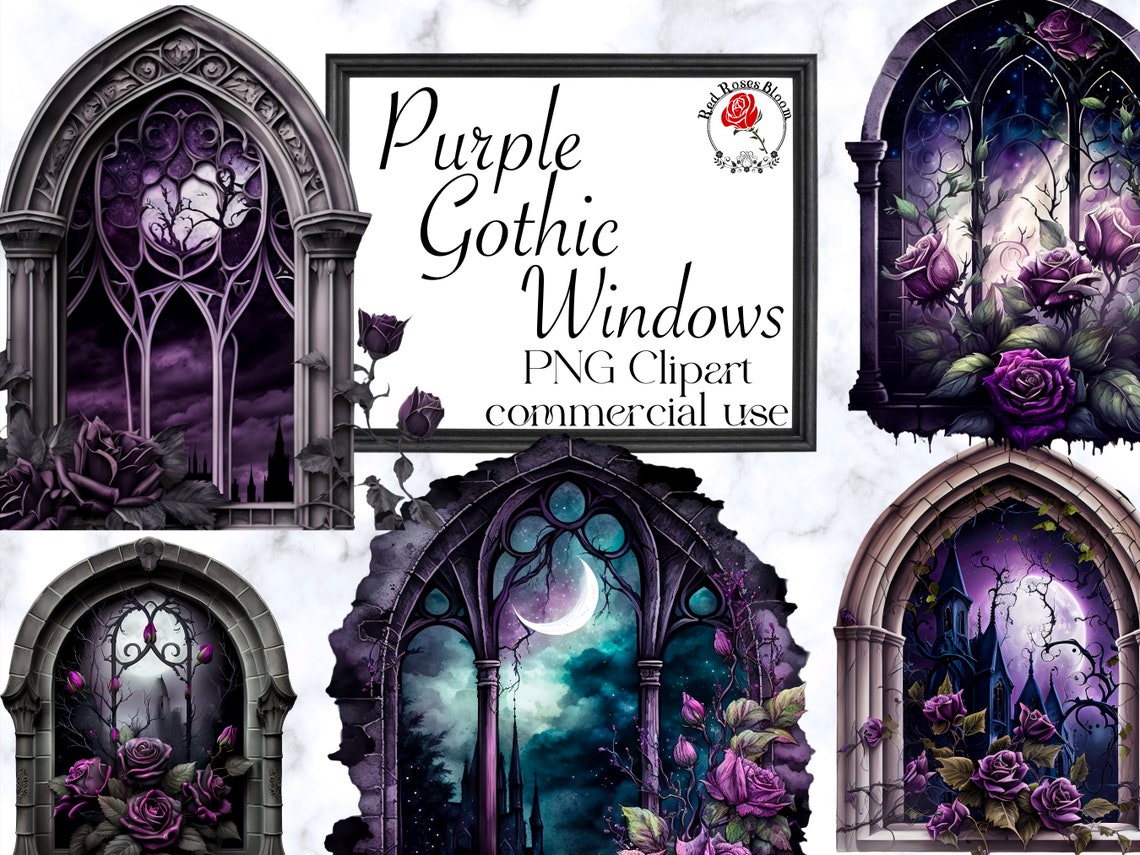 Vampire Window Design Gothic Window Clipart, Vampire Fantasy Clipart, Black and Purple Gothic ...
