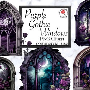 Clipart de janela gótica, clipart de fantasia de vampiro, conjunto de rosas góticas pretas e roxas, clipart de conto de fadas, imagens PNG em aquarela, janelas de fantasia