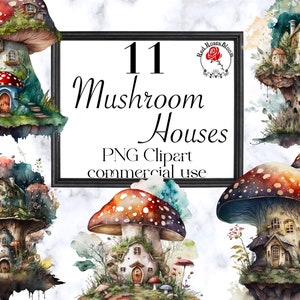 Mushroom Houses Clipart, Fairy Forest House Fantasy Clipart, Gnome House Fairytale Clipart, Watercolor PNG Images, Commercial Use