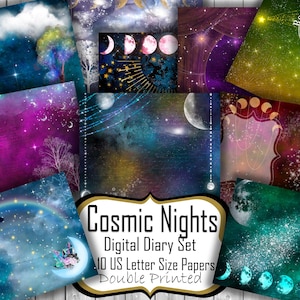 Kosmische Nächte Junk Journal Papiere, Celestial Fantasy Tagebuch, Mond und Sterne Journaling Kit, Kosmos Astronaut druckbare Journal Seiten