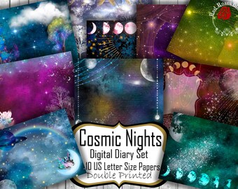 Cosmic Nights Junk Journal Papers, Celestial Fantasy Diary, Moon and Stars Journaling Kit, Cosmos Astronaut Printable Journal Pages