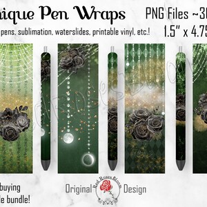 May include: A digital download of six printable pen wrap designs featuring black roses, gold glitter, and green and white patterns. The designs are 1.5 inches by 4.75 inches and are perfect for epoxy pens, sublimation, waterslides, and printable vinyl.