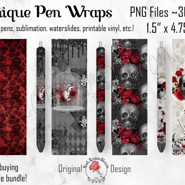 Gothic Skull Pen Wraps, Waterslide Pen Wrap, Pen PNG Files, Gothic Pen Wrap Bundle, Red Skulls Epoxy Pen Making, Sublimate File for Pens