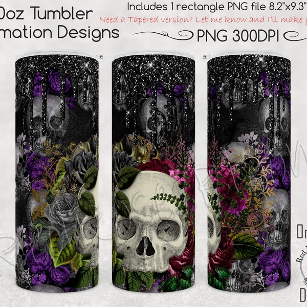 Glitter Gothic Skull Skinny Tumbler Sublimation, 20oz - Purple Roses, Floral Skull Goth PNG for Straight 20oz Tumbler Sublimation File