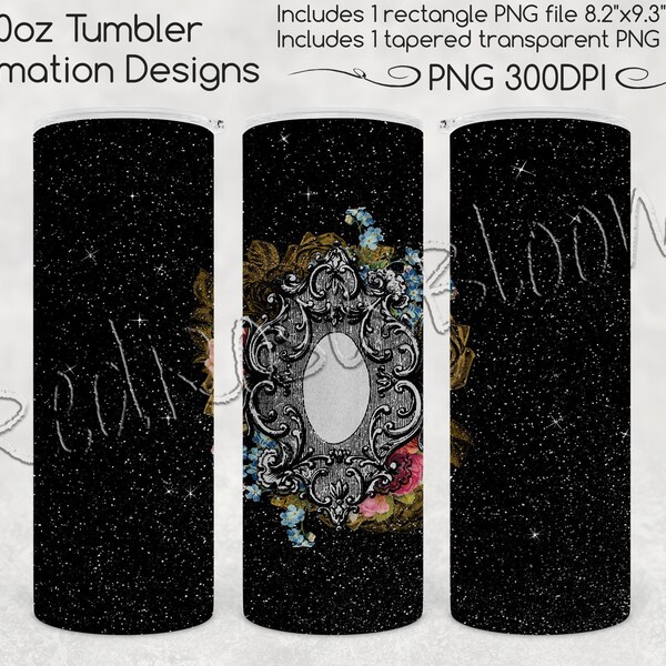 Gothic Skinny Tumbler Sublimation, 20oz - Black Glitter with Monogram Ornament Goth PNG for Straight & Tapered 20oz Tumbler Sublimation File