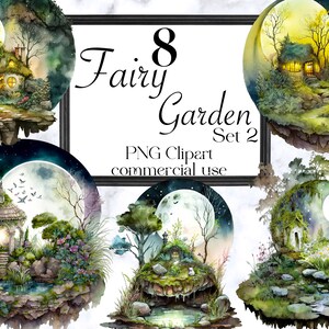 Zestaw 2 Clipartów Wróżek Ogrodowych, Clipart Fantasy, Obrazy Domków Wróżek, Clipart Bajkowych Wiedźm, Fantazyjne Obrazy Akwarelowe PNG, Wykorzystanie Komercyjne