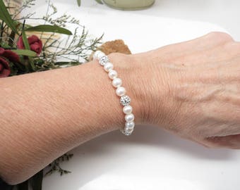 Freshwater Pearl Bracelet, Pearls With Pave Crystal In Sterling Silver, Bridal Bracelet, Beaded Bracelet, 6.5-8.5 Inches Length, Anniversary