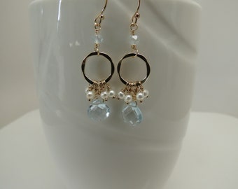 Blue Topaz Pearl Earrings, Cluster Pearl Topaz Earrings, Sky Blue Gemstone Earrings In 14k Gold Filled, Blue Topaz Earrings , December BIrth