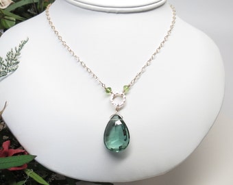 Green Quartz Teardrop Necklace, Peridot Accent, Gold Fill Chain