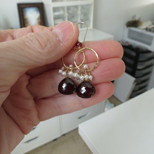 Garnet Pearls Earrings, Red Gemstone Earrings, Cluster Pearl Garnet Earrings, Red Gemstone In Gold Filled, Garnet Earrings