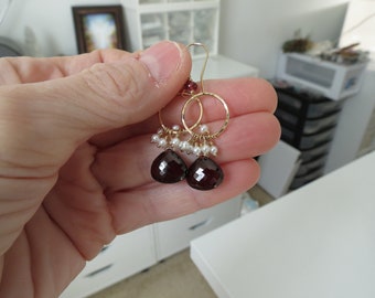 Garnet Pearls Earrings, Red Gemstone Earrings, Cluster Pearl Garnet Earrings, Red Gemstone In Gold Filled, Garnet Earrings