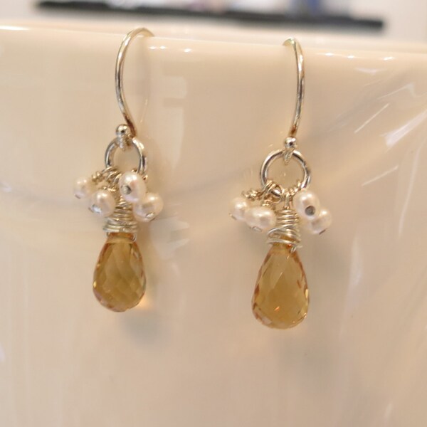Citrinos pendientes de perlas de agua dulce, pendientes de piedras preciosas Birthstone noviembre, pendientes novia, amarillo, piedras preciosas, algo amarillo