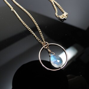 Rainbow Moonstone Pendant Necklace, June Birthstone, Flashy Blue Gemstone In Gold Filled, Circle Gemstone Pendant, 15-22 Inches