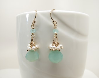 Chalcedony Pearl Earrings, Aqua Gemstone Earrings In 14k Gold Filled, Aqua Chalcedony Earrings, Chalcedony Cluster Pearls Earring