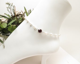 Garnet Anklet, January Birthstone, Red Gemstone Anklet In Sterling, 9-10.5 Inches Length, Wire Wrapped Anklet