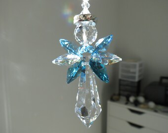 Mihangel- Swarovski Angel Suncatcher, Guardian Angel, Angel Suncatcher, indicolite , Aquamarine And Aurora Borealis, Sympathy, Memorial Gift