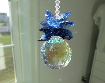 Aurora Borealis Blue Swarovski Suncatcher, Blue Pineapple Suncatcher, Swarovski Crystal 30mm Ball With Blue Sapphire, Window Decor