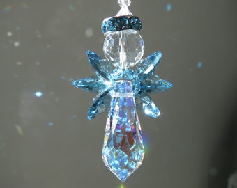 Raguel - Aquamarine Swarovski Crystal Suncatcher, March Birthstone, Guardian Angel, Angel Suncatcher, Rainbow Suncatcher, Aurora Borealis