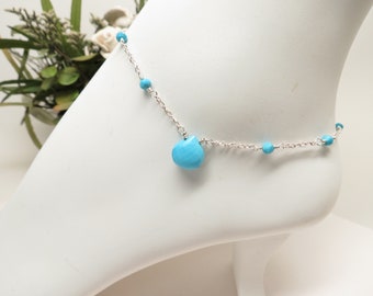 Turquoise Anklet, December Birthstone, Blue Gemstone Sterling, Heart Shape Briolette Gemstone,Delicate Anklet, 9.25-10.5 Inches Length