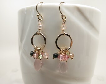 Rose Quartz Tourmaline Earrings, Pink And Green Gemstone In Gold Filled, Rose Quartz Tourmaline Cluster Earrings, Rose Quartz Jewelry
